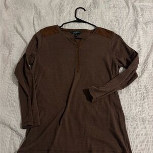 Ralph Lauren Brown Long-Sleeve Henley with Suede Shoulder Panels
